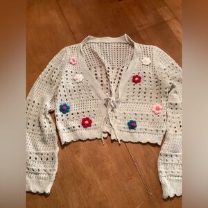 Women's Crochet Ivory Cardigan with Floral Accents - Boho Festival Spring - M